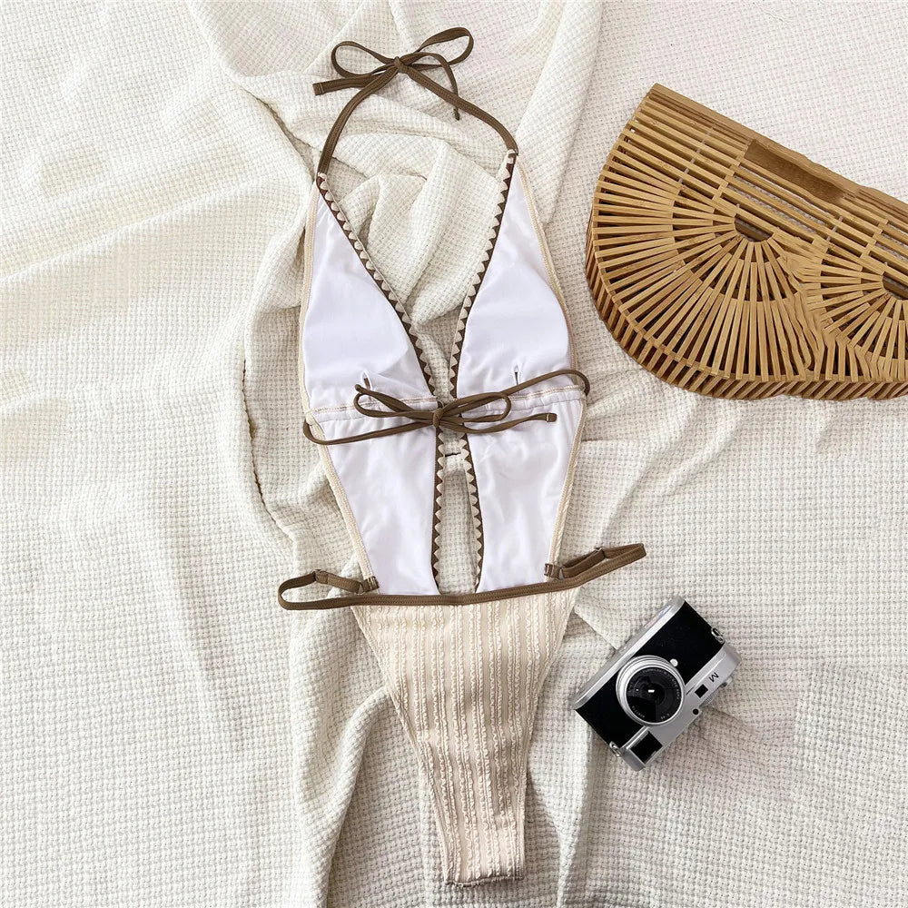 Sexy String Halter Backless Swimwear One Piece Swimsuit Women 2025 Hollow Out Monokini Beige Texture Bathing Swimming Suit Wear