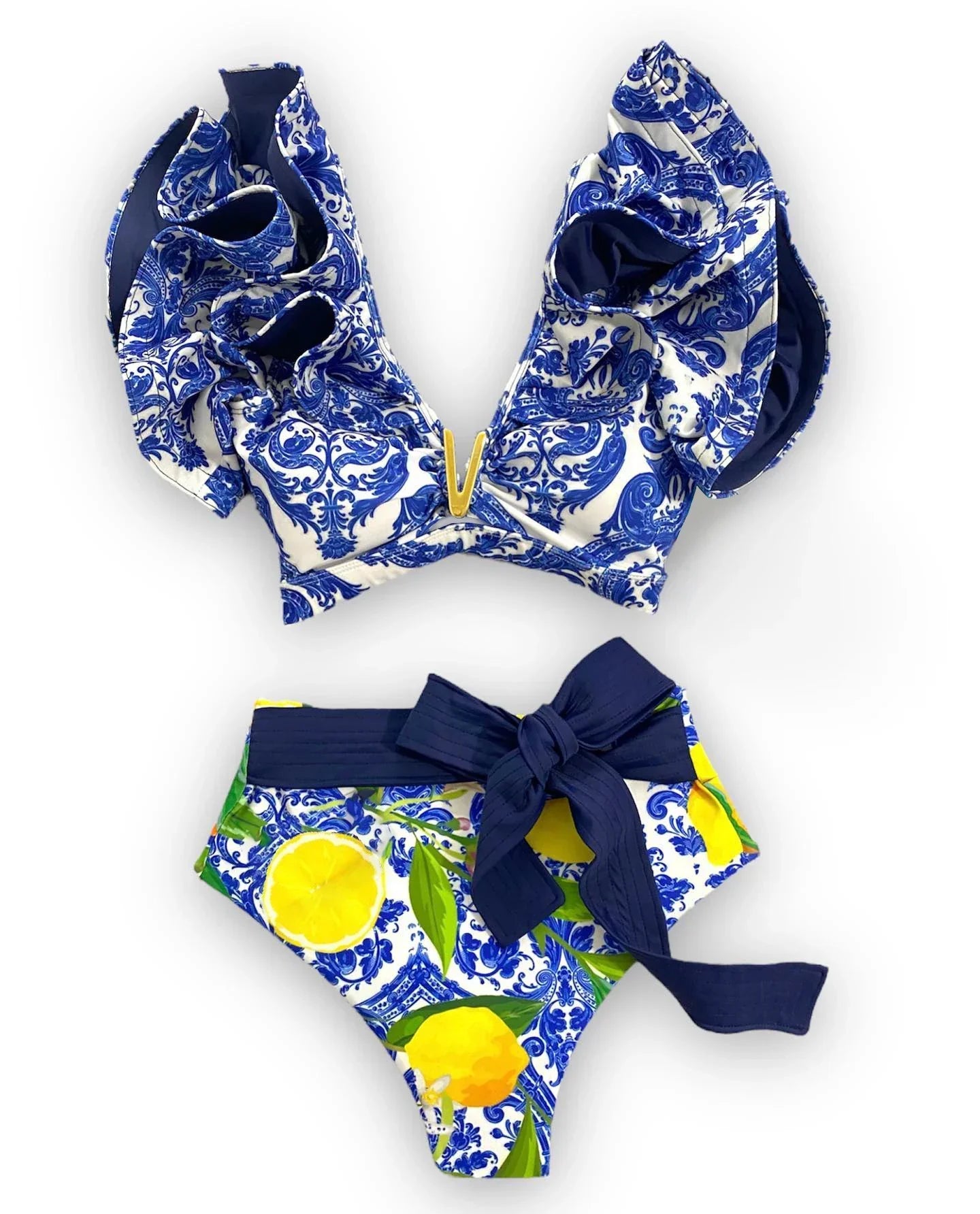 2024 Sexy Bikini Set Women High Waist Classic Off Solid Ruffle Sleeves Swimwear Red Separate Deep V Swimsuit Vintage Beach Set