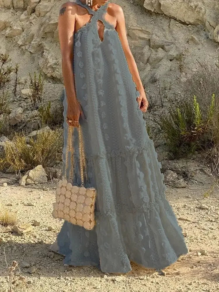 CHICEVER Patchwork Floral Dress For Female Halter Sleeveless Sexy Straight Loose Waist Maxi Dresses Women 2022 Summer Clothing