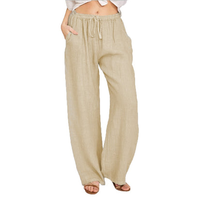 Women Cotton Linen Pants 2023 Autumn Vintage Solid Elastic Waist Loose Straight Trousers Female Casual Drawstring Wide Leg Pants