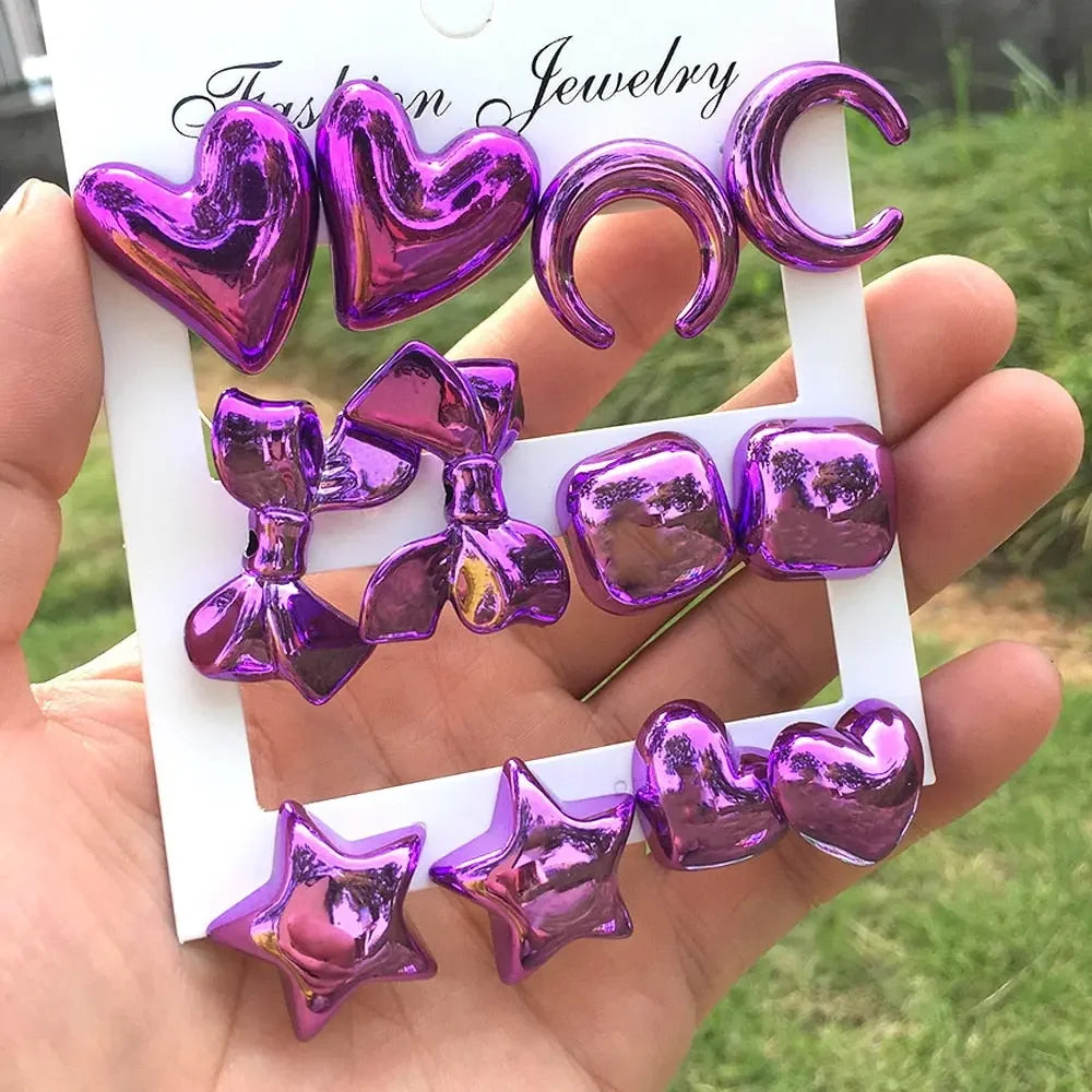 New 6 pair/set Metallic Color Acrylic Y2K Stud Earrings for Women Rock Heart Moon Star Bowknot Square Earring Korea Jewelry Sets