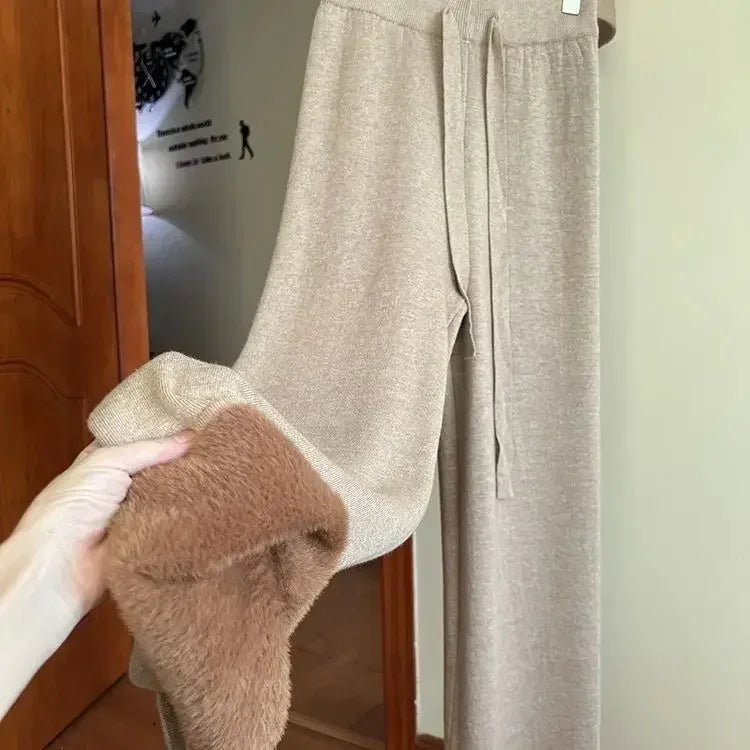 2023 Slim Simple Knit Wide-leg Pants Women's Autumn and Winter High-waisted Moped Pants Thick Casual Pants Straight Luxlife Brands