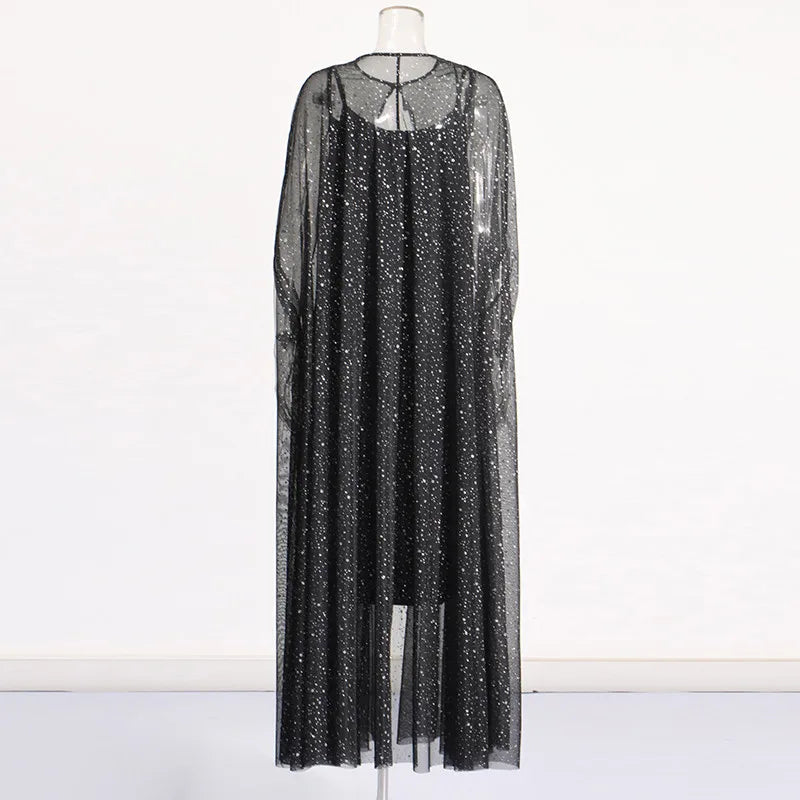 ONEINALLl Patchwork Sequins Solid Dresses For Women Round Neck Cloak Sleeve High Waist Spliced Button Long Dress Female Clothes