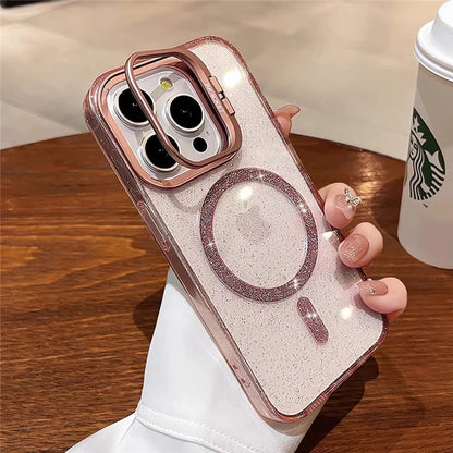 For iPhone 16 Pro Max Luxury Magsafe Magnetic Flash Lens Holder Stand Phone Case For iPhone 11 12 13 14 15 Plus Protective Cover