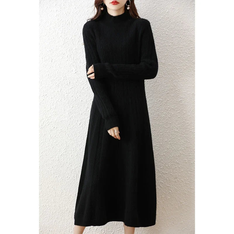 Elegant Fashion Dresses Cashmere Sweater Knitted Long Dress 100% Merino Wool Women Turtleneck Office Skirt Autumn Winter Clothes LUXLIFE BRANDS