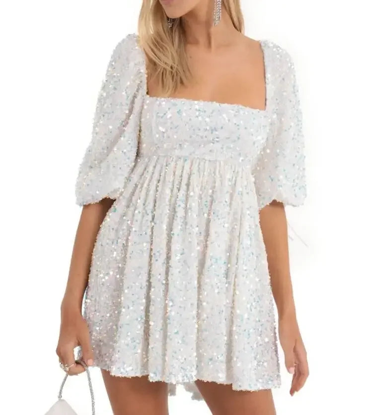 New Fashion Sexy Sequin Short Sleeve Square Neck Solid Color Slim Fit Dress For Women,5 Colors