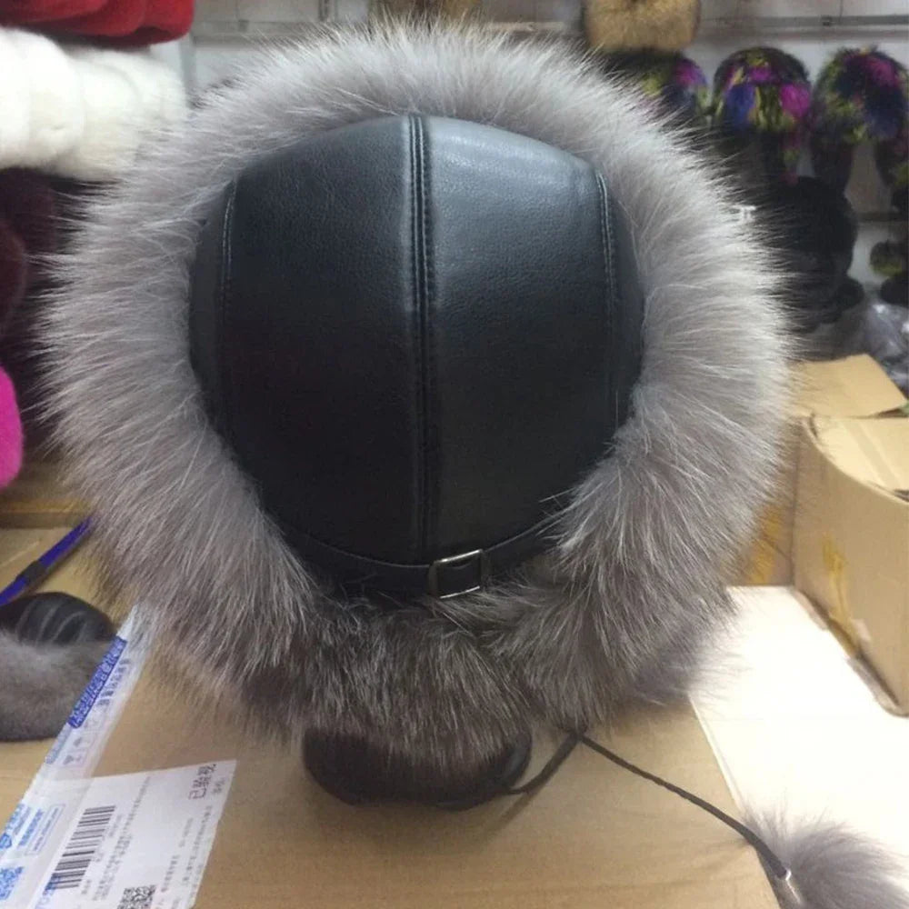Real Fox Fur Hat for Women with Leather Top Mongolian Princess Hat with Pompom Winter Warm beanie Russian Cap Bonnets for Women LUXLIFE BRANDS