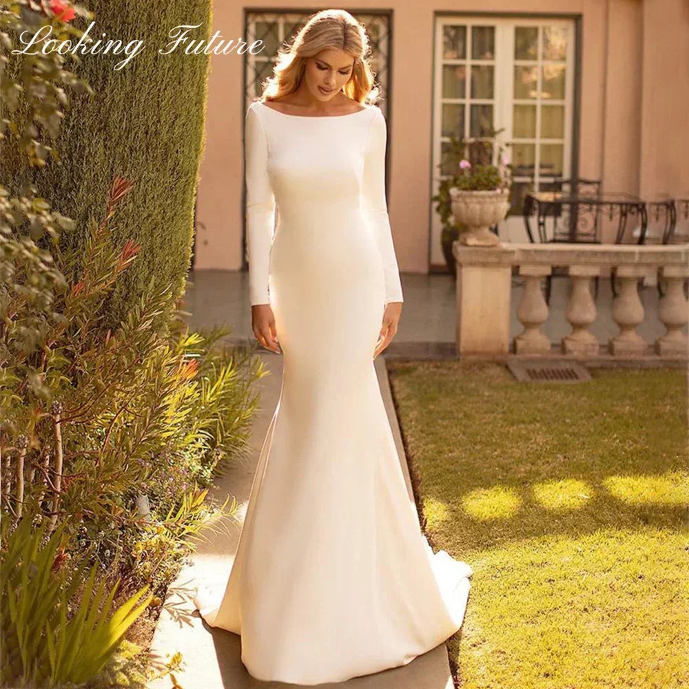 Elegant Mermaid Wedding Dresse Satin Cowl Back O-Neck Bridal Gown Simple White Long Sleeves Vestido de Novia 2023 Sweep Train LUXLIFE BRANDS