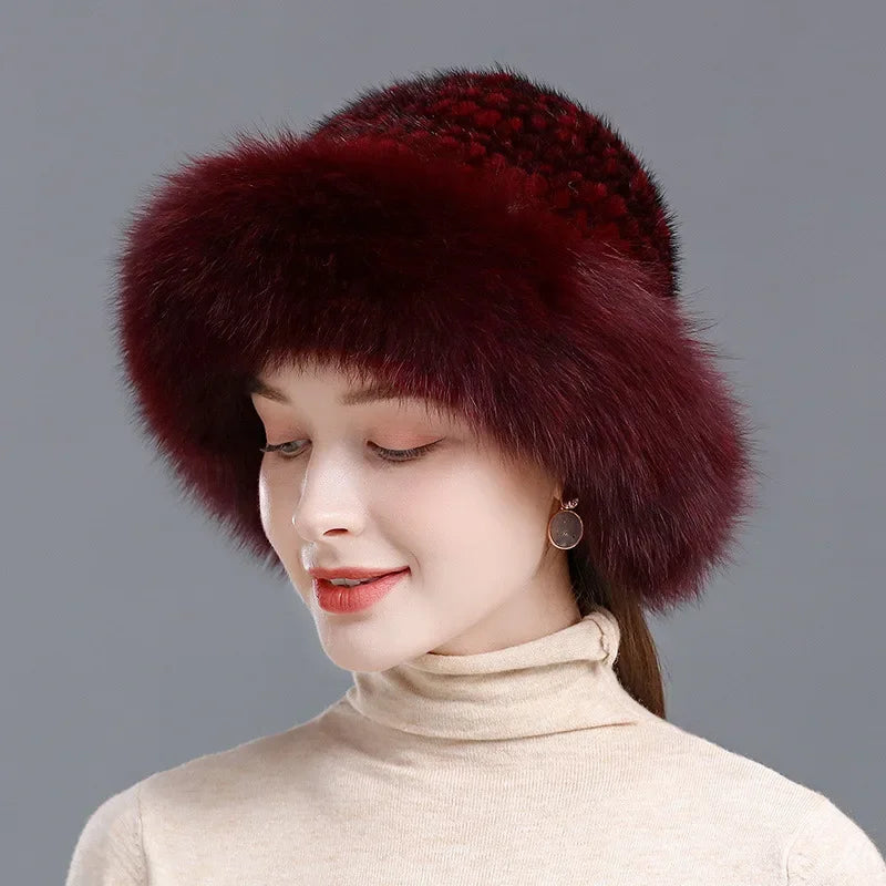 New Genuine Real Natural Knitted Mink Fur Hat Cap Luxury Women Handmade Knit Fashion Winter Headwear Warm Real Fox Fur Beanies LUXLIFE BRANDS