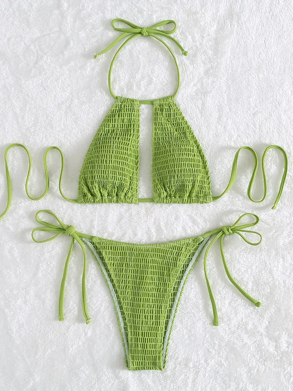 Smocked Halter Tie Side Bikini Swimsuit Women Two Piece Swimwear 2023 Bikini Set Summer Beach Bathing Suit Biquini