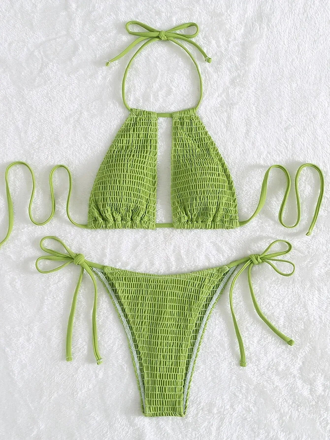 Smocked Halter Tie Side Bikini Swimsuit Women Two Piece Swimwear 2023 Bikini Set Summer Beach Bathing Suit Biquini