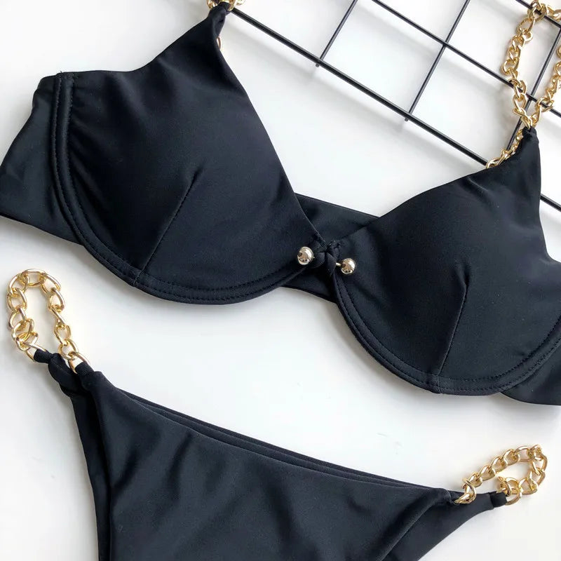 Sexy Metal Chains String High Cut One Piece Swimsuit Women Swimwear Female Monokini Tummy Cut Out Bathing Suit Swim Beach Wear