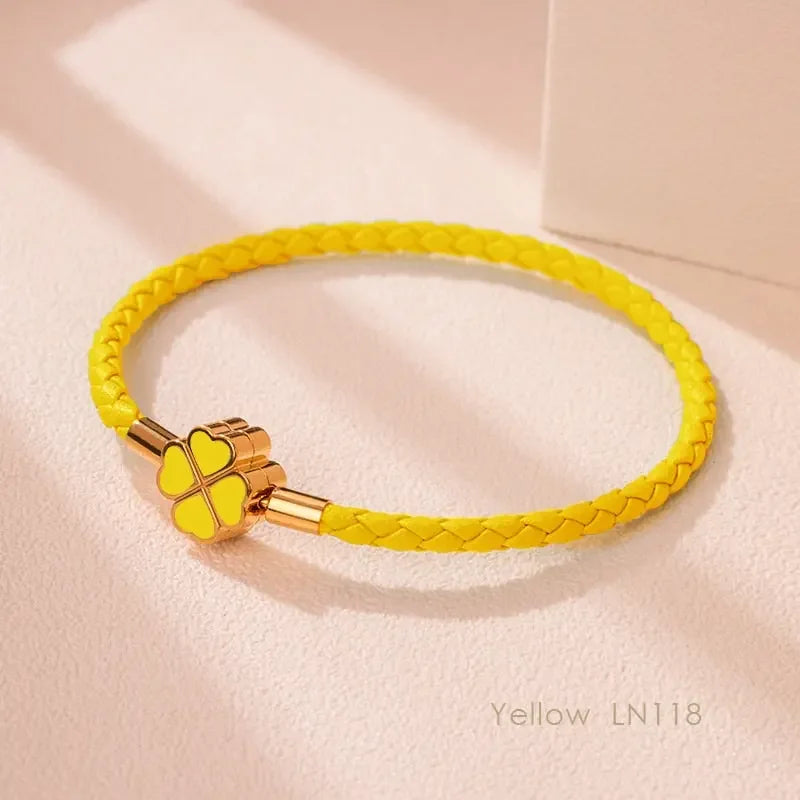 Green Four-Leaf Clover Lucky Bracelet For Women Genuine Braided Leather Bracelet 9 Colors Birthday Party Jewelry ChiristmasGifts
