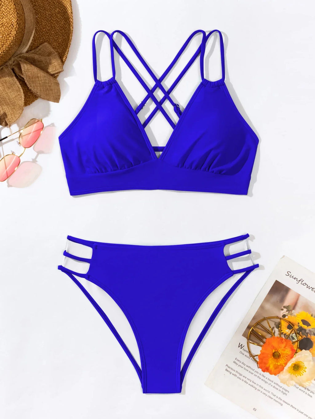 Women's  Split Bikini Suit Double Shoulder straps Bra Cross-adjustable waist Hollow Female swimsuit Sexy Beach Set