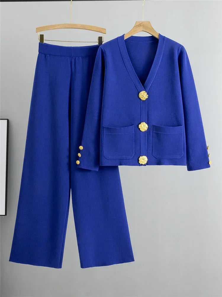 Autumn Winter Women Knit 2 Piece Set New Large Gold Button V-neck Cardigan Coats+High Waist Baggy Wide Leg Pants Sweater Suits Luxlife Brands