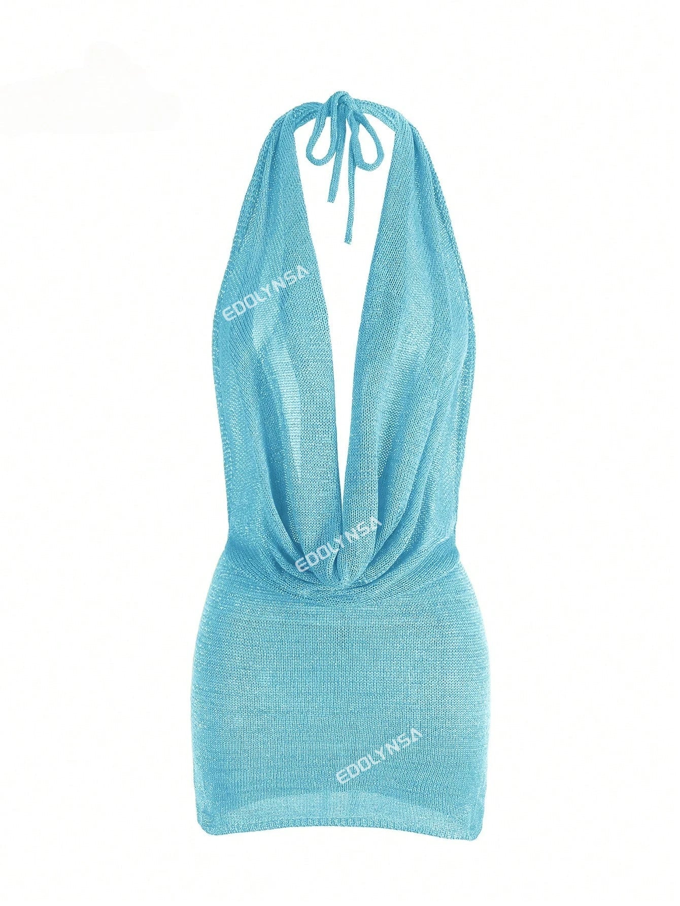 2026 Women New Year Bright Silk Dresses Sexy Stacked V Halter Neck Backless Knit Beach Mini Dress Summer Swimsuit Cover Up K145 Luxlife Brands