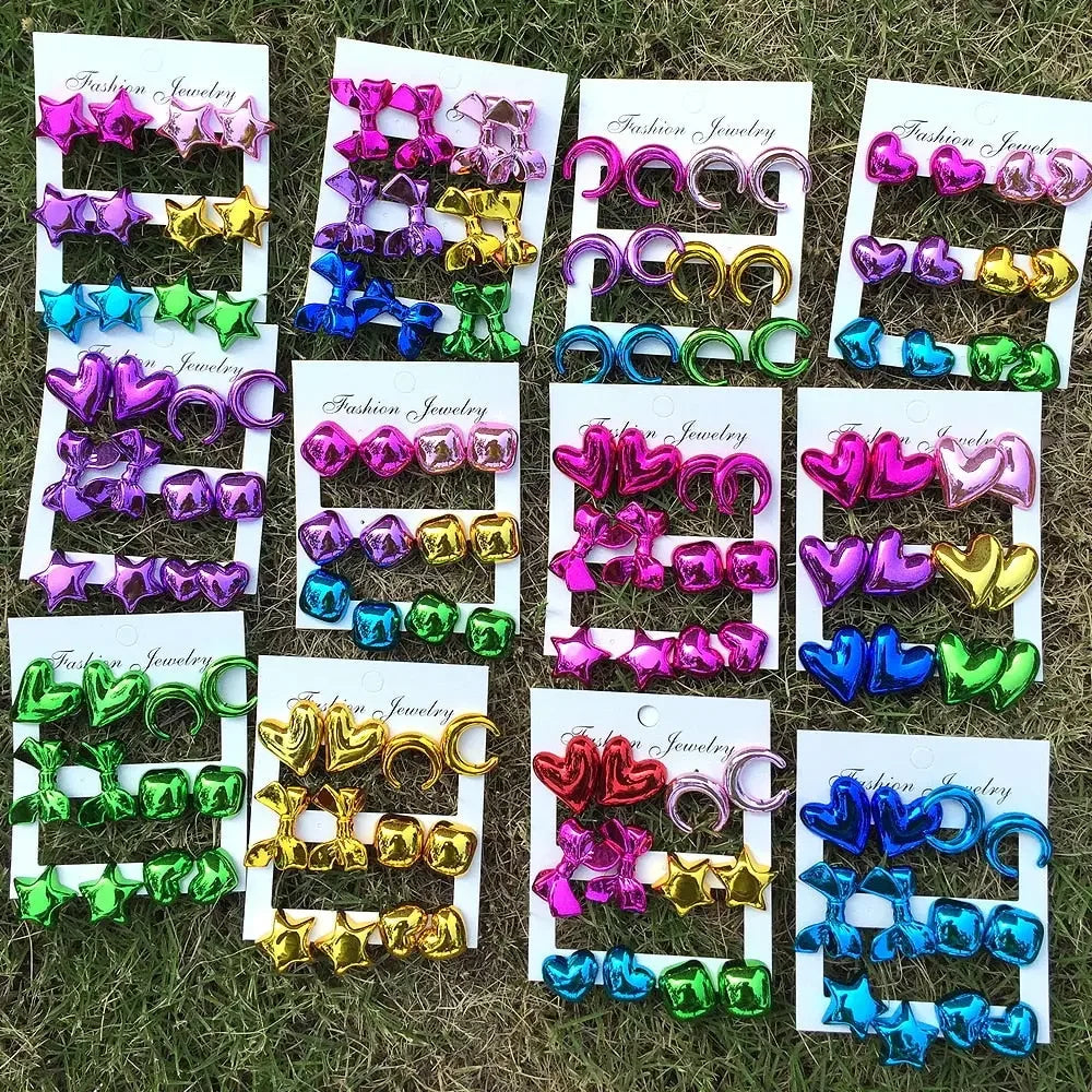 New 6 pair/set Metallic Color Acrylic Y2K Stud Earrings for Women Rock Heart Moon Star Bowknot Square Earring Korea Jewelry Sets