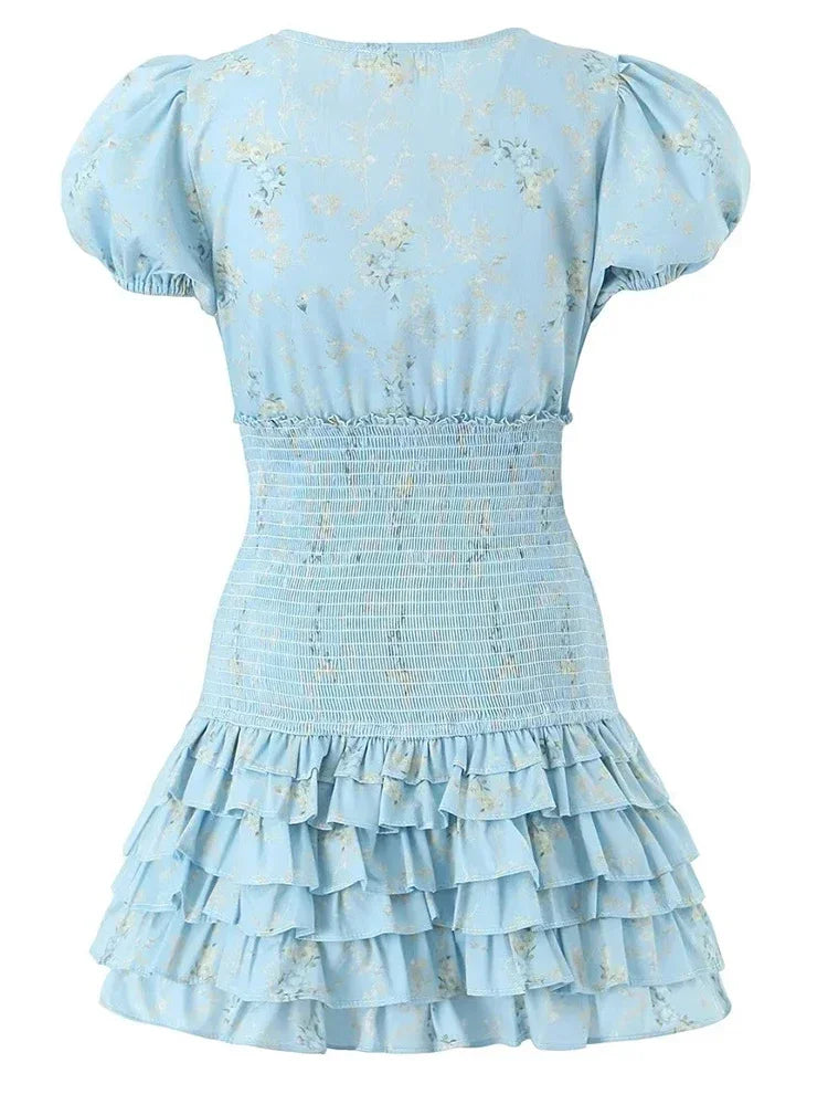 GypsyLady Floral Printed Chic Boho Mini Dresss Cotton V-neck Ruffles Blue Holiday Women Tiered Ladies Party Dresses Vestidos New Luxlife Brands