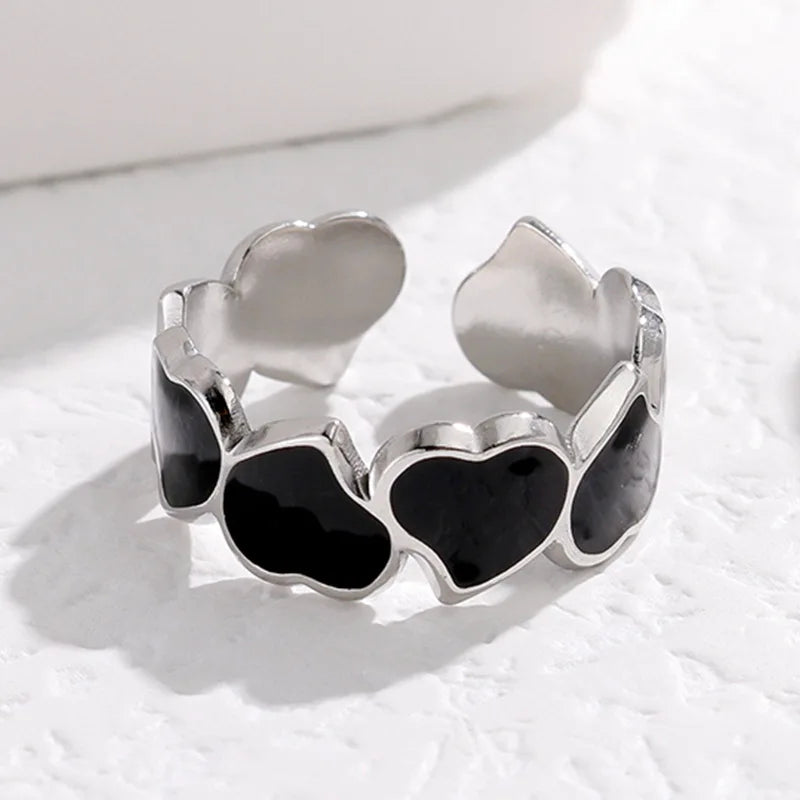 Stainless Steel Black White Heart Rings For Women Gold Color Oil Drip Open Couple Rings Wedding Jewelry Gift Bijoux Femme