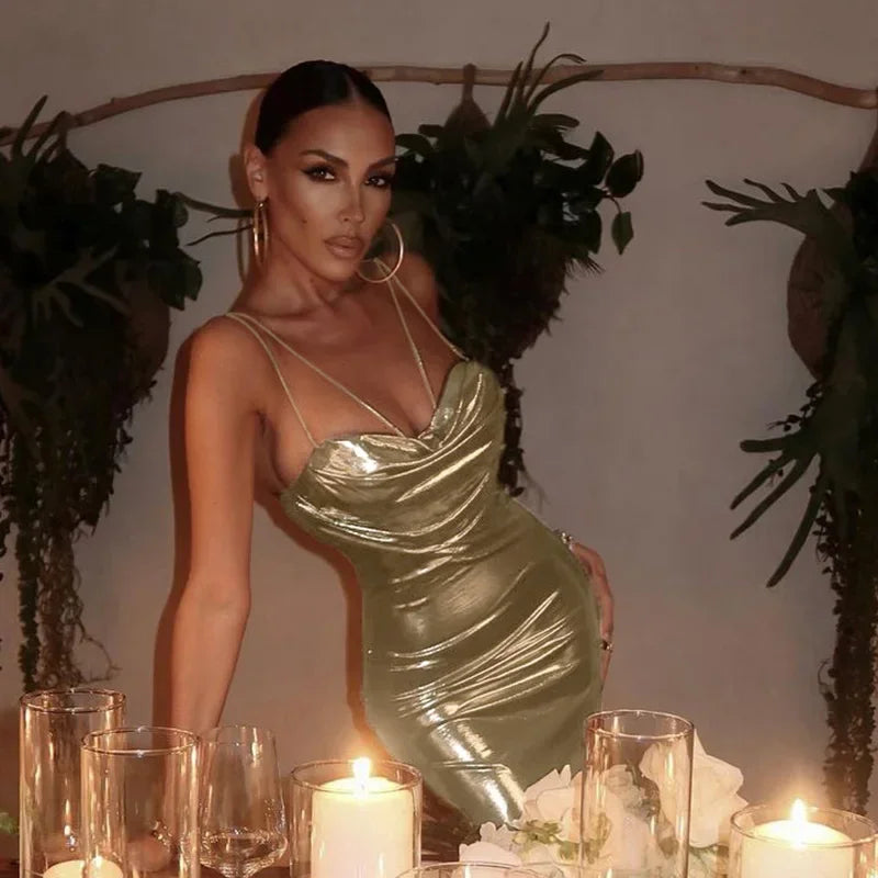 Metallic Soft Gold Slim Midi Dress LUXLIFE BRANDS