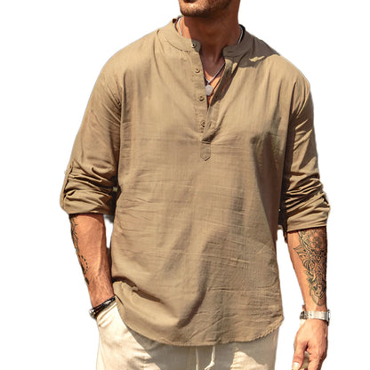 EEWOLDIA Men&#39;s Casual Blouse Cotton Linen Shirt Loose Tops Long Sleeve Henley Shirt Spring Autumn Handsome Shirts