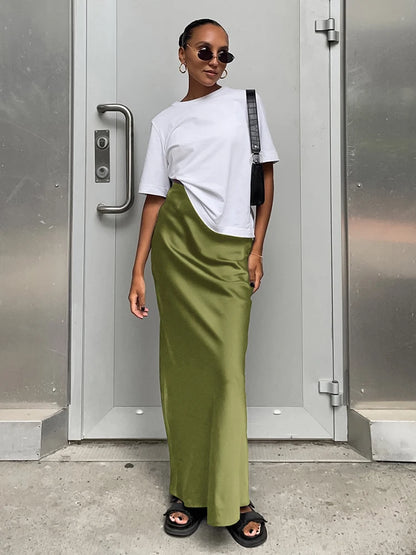 Autumn Satin High Waist Slim Maxi Skirt