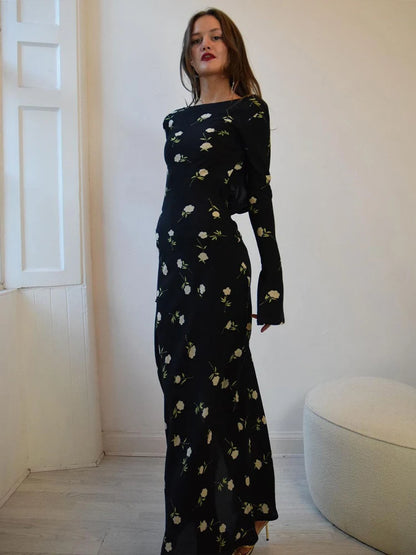 Chiffon Floral Print Long Sleeve Backless Maxi Dress