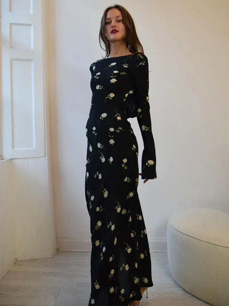Chiffon Floral Print Long Sleeve Backless Maxi Dress LUXLIFE BRANDS
