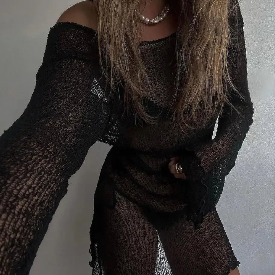 Yiiciovy Women Bikini Cover-Ups Sexy Ladies See-Through Long Sleeve Backless Beach Knitted Mini Dress Swimwear Sunscreen Dresses LUXLIFE BRANDS