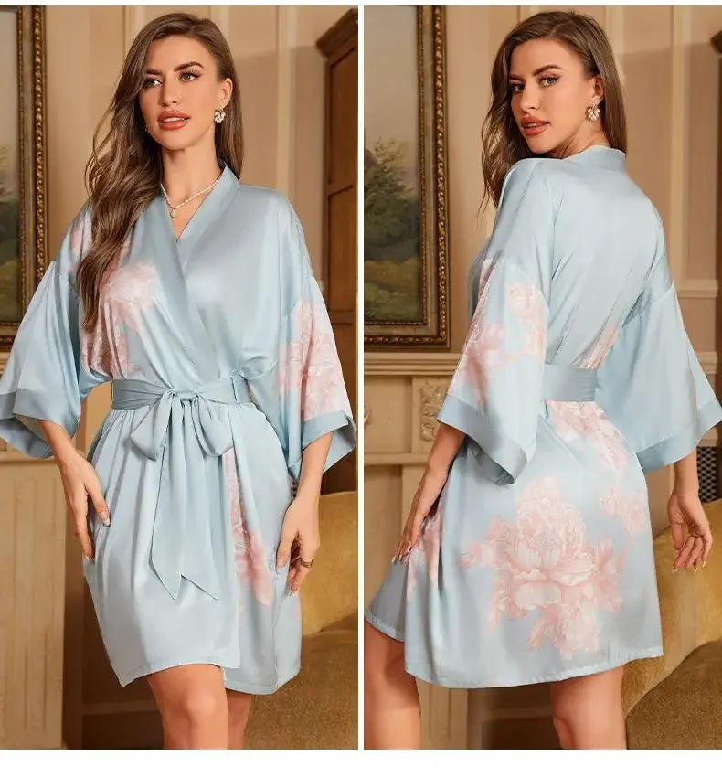 Female Robe Nightgown Summer Satin Sleepwear Loungewear Silky Printing Kimono Bathrobe Gown Yukata Sexy Casual Nightwear