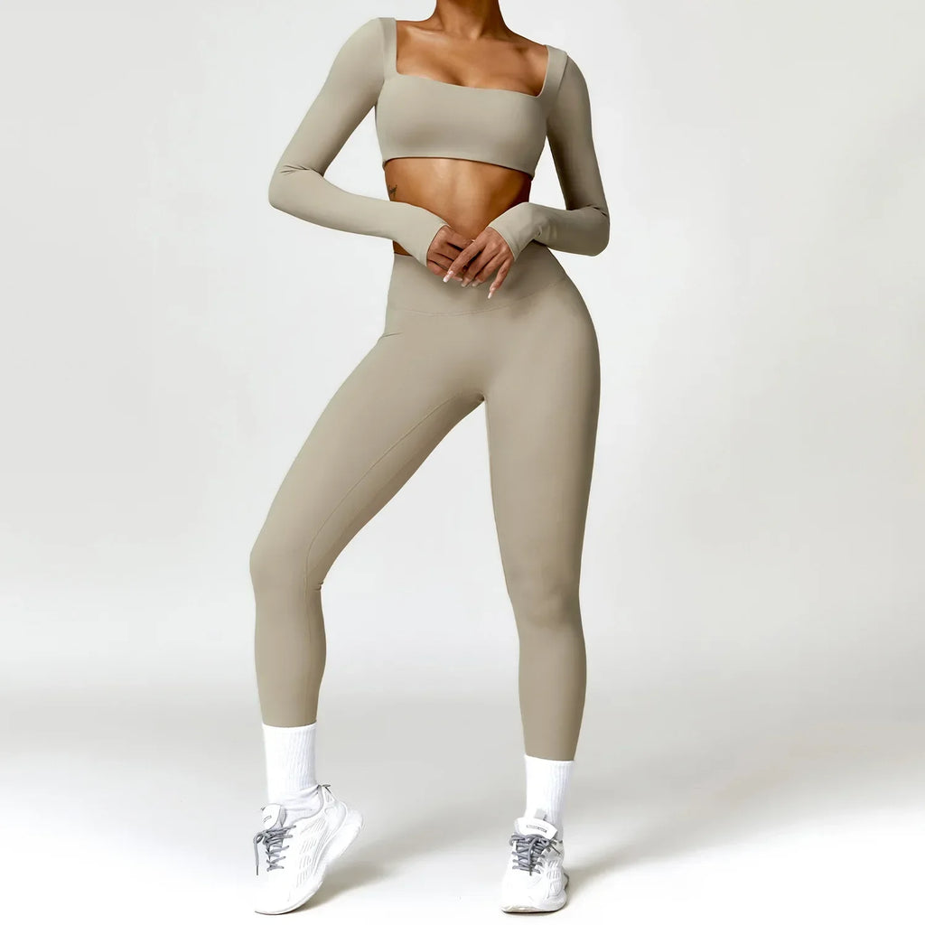 2PCS Yoga Set Women Gym Long Sleeve Sports Suits Fitness Bra Crop Top Workout Clothes Female Athletic Wear Legging Sportswear