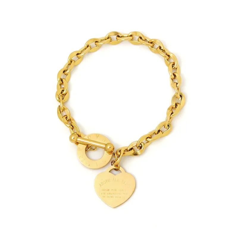 Korean Y2K Retro Stainless Steel Gold Plated Chain Heart Pendant Bracelet For Women Party Jewelry Set Beautiful Gifts LUXLIFE BRANDS