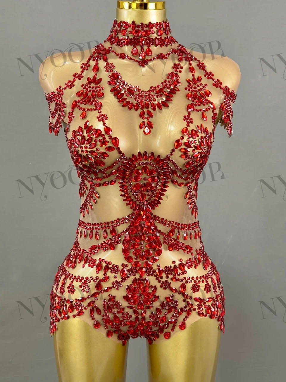 The Stardust Mirage Transparent Bodysuit – Luxury Rhinestone Mesh Stage Wear Leotard