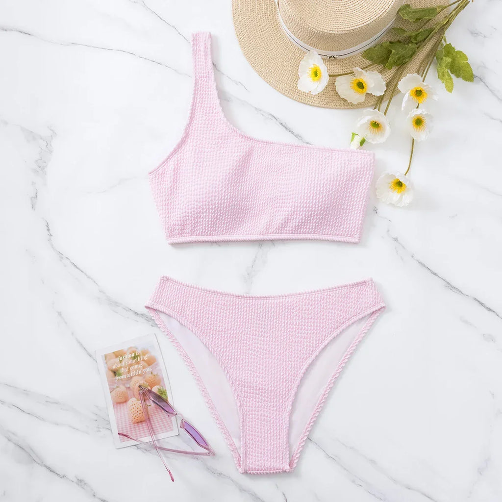 One-shoulder Bikini Set Warm Color Female Swimwear Suit low waist shorts 2 pieces women Beach set