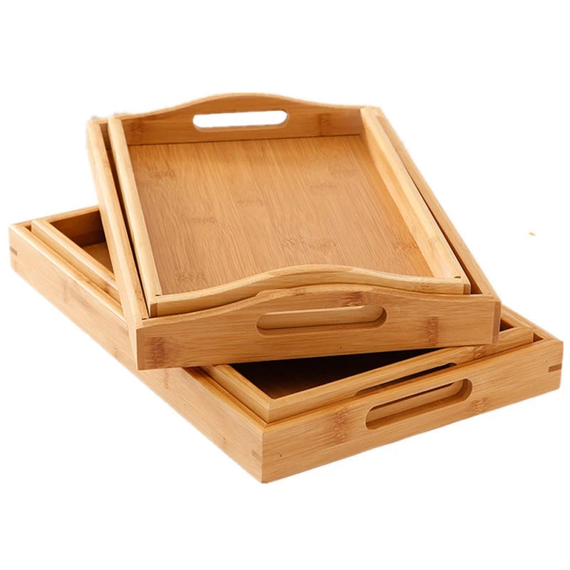 Bamboo Wooden Tea Tray Rectangular Solid Wood Serving Tray Kung Fu Tea Cup Tray With Handle Wooden Dinner Bread Fruit Food Plate