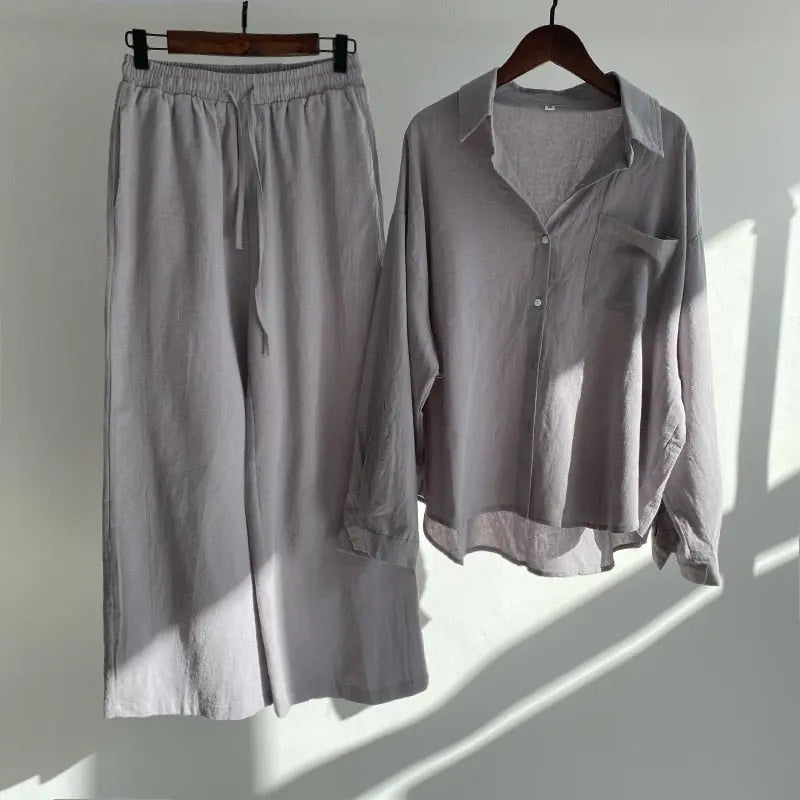 2023 Cotton Linen Women's Pijamas Set Sweatshirt Loose Sleepwear Women's 2pcs Long Sleeve Pants Set Retro Oversize Suit Pockets
