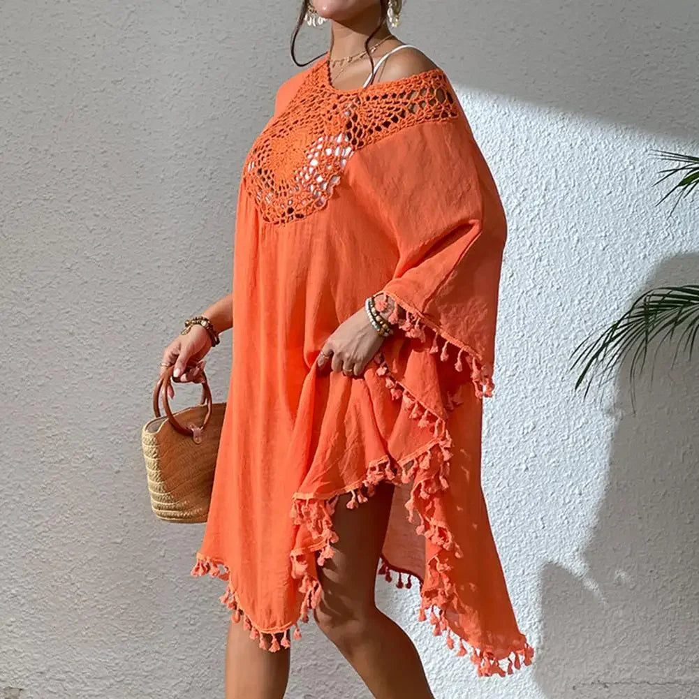 Fringed Bikini Cover Up Comfortable Loose Fit Blouse Stylish Fringed Beach Cover Up Dress for Women O-neck Half Sleeve Swimsuit LUXLIFE BRANDS