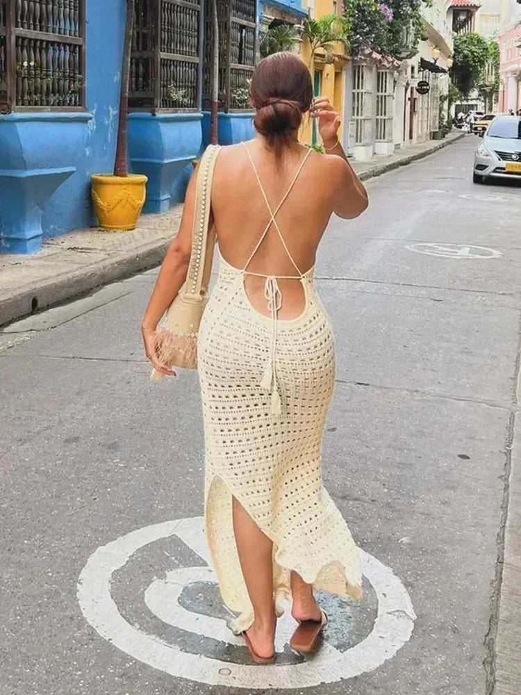 Sexy Knit Cut Out Tassel Spaghetti Strap Bodycon Beach Maxi Dress Summer Women's Holiday Club Party Outfit Swimsuit Cover Up K10 Luxlife Brands