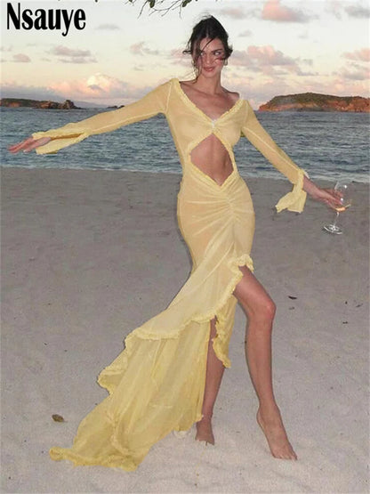 Nsauye Sexy Dress Summer Beach Women Long Sleeve Mesh Ruched Ruffles Maxi Wrap Cut Out Party Club Fashion Elegant Dress 2024 LUXLIFE BRANDS