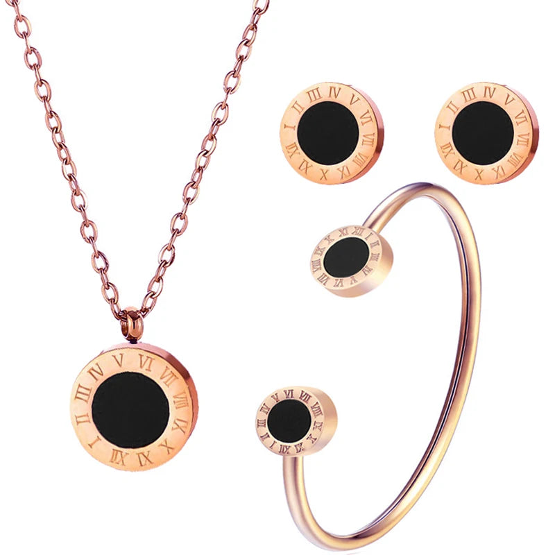 Stainless Steel Roman Number Jewelry Set For Women Black Shell Inlays, Colorfast & Stylish - Includes Bracelet, Necklace Earring Luxlife Brands