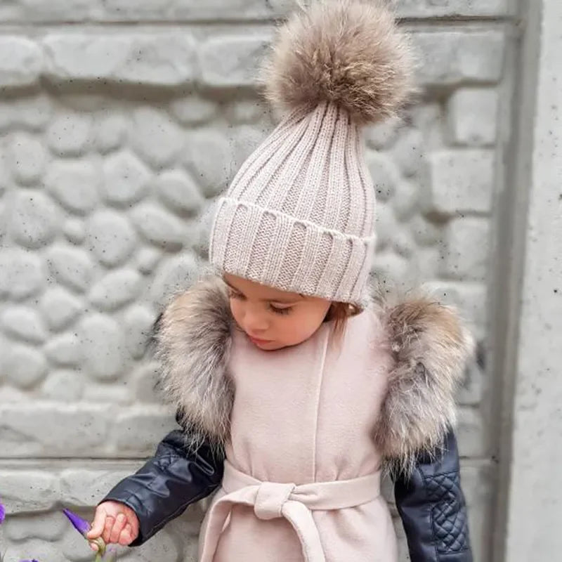 Big Fur Pom pom Beanie Hat Parent Kids Warm Knitted Winter Hats Baby Girls Boys Real Raccoon Fur pompom Beanies Cap LUXLIFE BRANDS