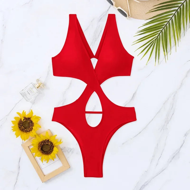 Red One Piece Swimsuit Woman Trikini Raceback Swimwear Thong Beachwear Woman 2025 Cut Out Bathing Suits Ladies Holiday Summer