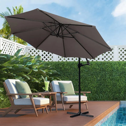 Patio Offset Umbrella w/Easy Tilt Adjustment,Crank and Cross Base, Outdoor Cantilever Hanging Umbrella with 8 Ribs, 95% UV