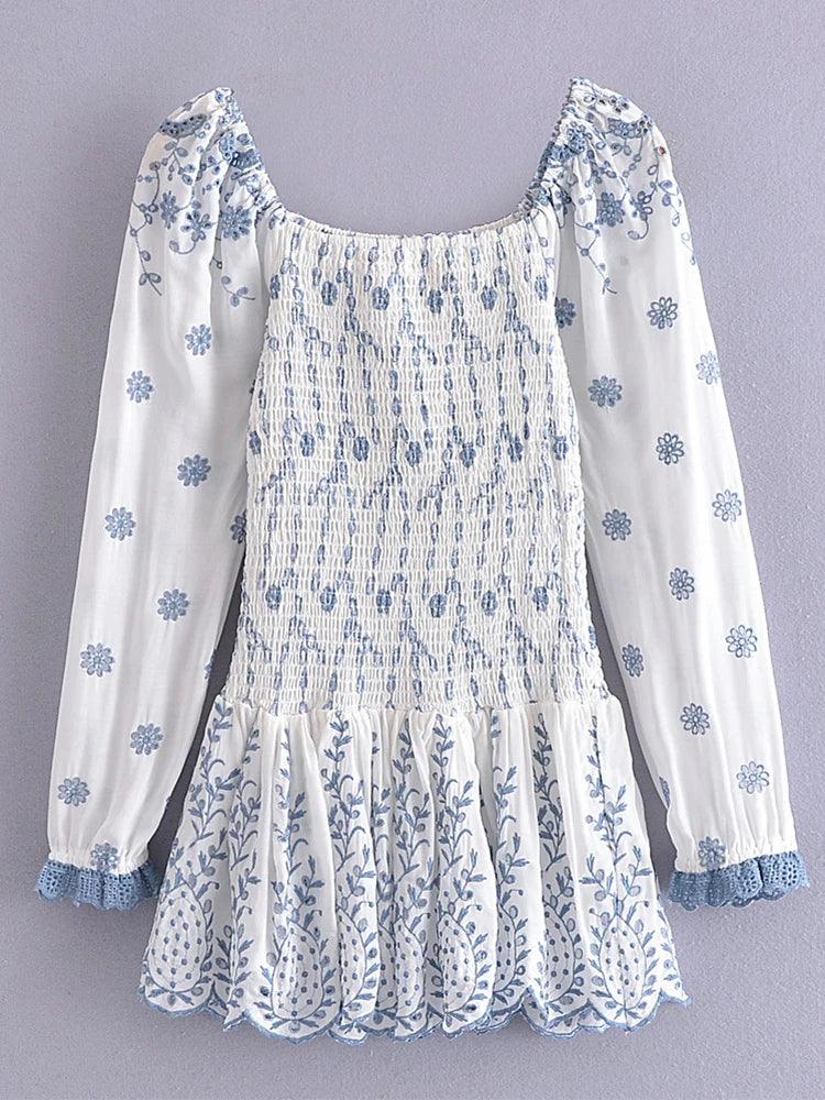 2022 Fashion Women Floral Hollow Out Embroidery Elastic Mini Dress Vintage Long Sleeve Female Super-Short Dress Summer Robe