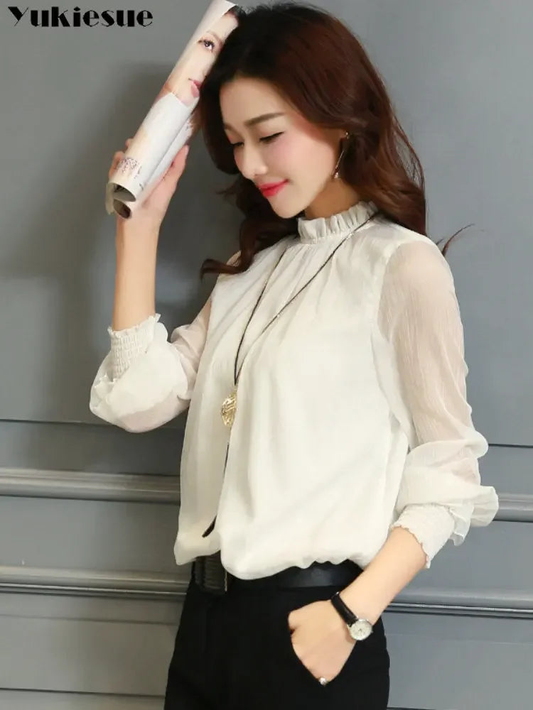 Spring Summer Elegant blouse women Korean Chiffon Shirt Women Long Sleeve Ruffled Women&#39;s shirts and blouses Office Lady Tops
