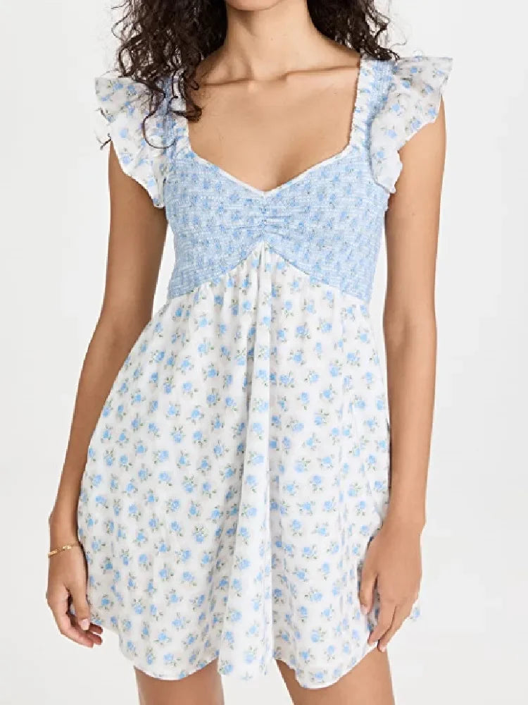 Sexy White Blue Flower Print Ruffle Strap Mini Dress V neck Ruched Elastic Chest Corset Sleeveless Short Tank Robe Holiday Woman