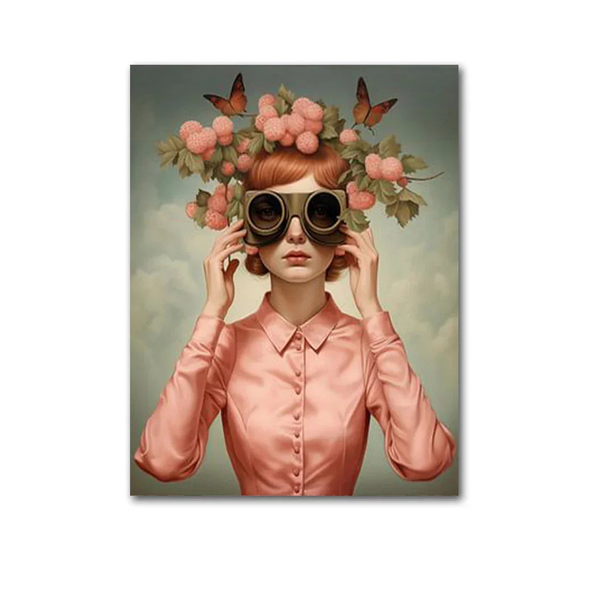 Nordic Boho Fashion Glasses Woman With Flowers Wall Art Canvas Painting Butterfly With Girl Portrait Poster Prints Mural Picture