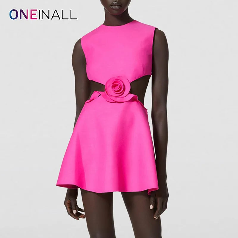 ONEINALL Spliced Appliques Sexy Slim Dresses For Women Round Neck Sleeveless High Waist Hollow Out Designer Dress Female Summer