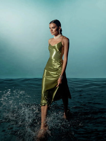 Rachel Ruched Satin Midi Dress LUXLIFE BRANDS