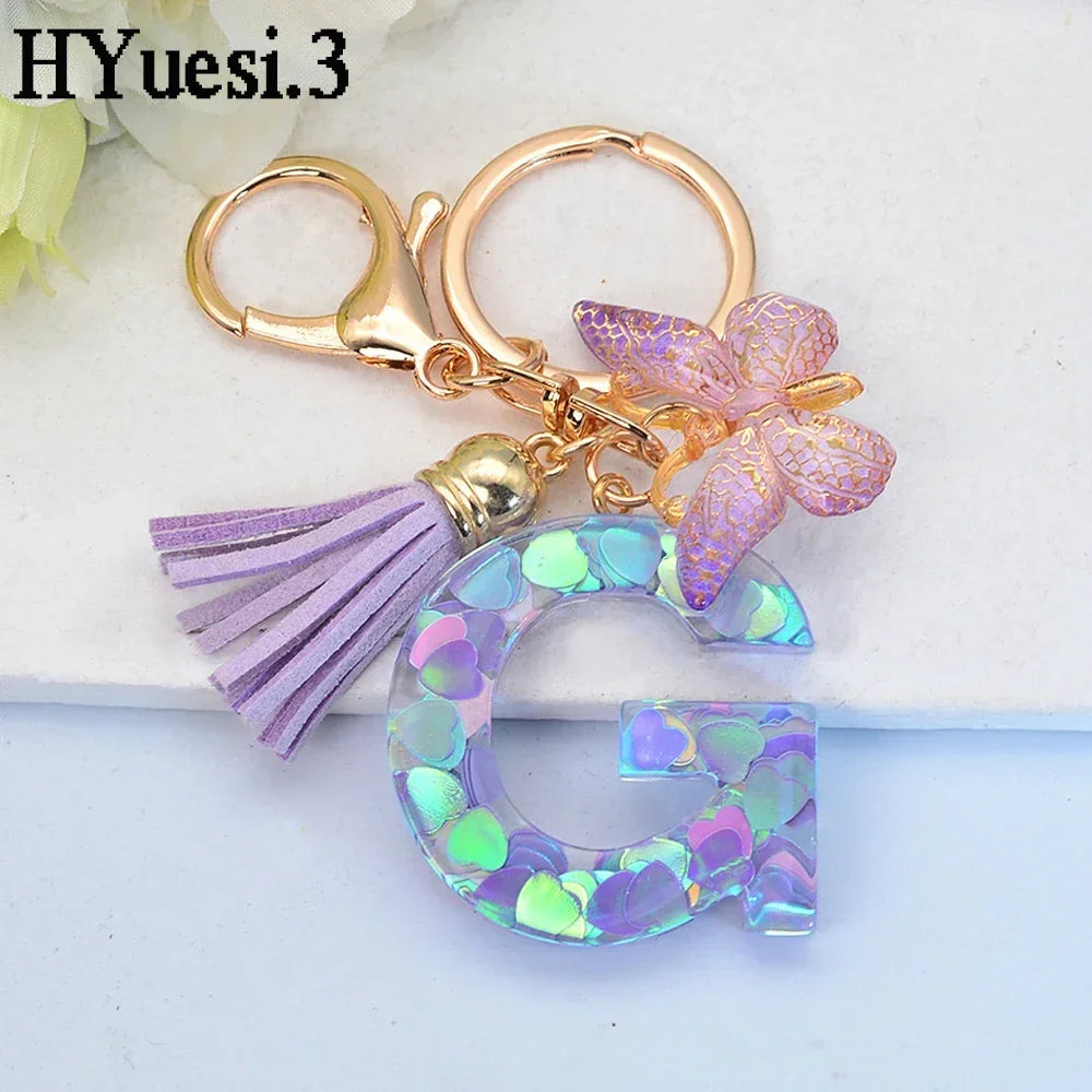 Purple Sequin Filled Name Keychain Butterfly Tassel 26 Alphabet Initials Keyrings Purse Wallet Handbag Ornament Women Girls Gift LUXLIFE BRANDS